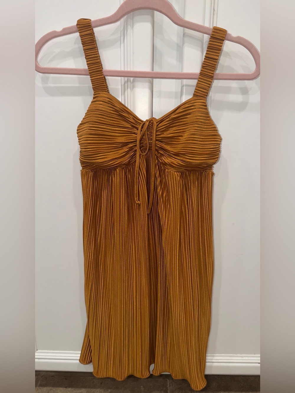 Ruched Tie-Front Pleated Midi Dress in Mustard